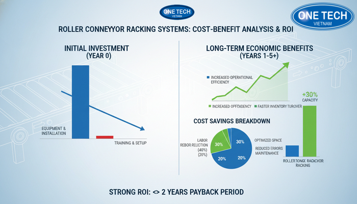 Chi phí và lợi ích kệ con lăn Bảng minh họa chi phí đầu tư so với lợi ích kinh tế khi dùng kệ con lăn