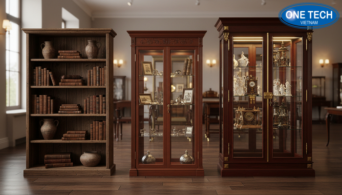 Giá kệ trưng bày đồ cổ theo phân khúc Minh họa phân khúc giá theo vật liệu và cấu hình tủ kệ trưng bày