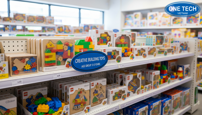 Bảng tên khu vực giúp phân loại kệ trưng bày đồ chơi trẻ em theo độ tuổi và chủ đề
