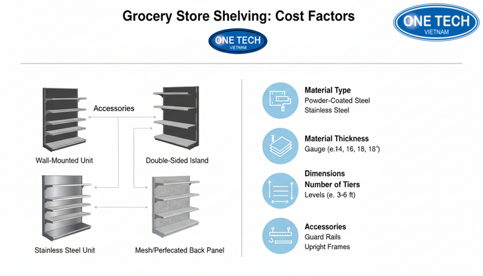Bảng giá kệ trưng bày hàng tạp hóa theo chất liệu Biểu đồ minh họa giá kệ tạp hóa theo chất liệu và cấu hình