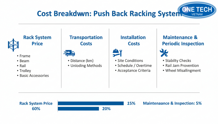 Biểu đồ minh họa các cấu phần chi phí của hệ kệ Push Back gồm vật tư, lắp đặt, vận chuyển, phụ kiện