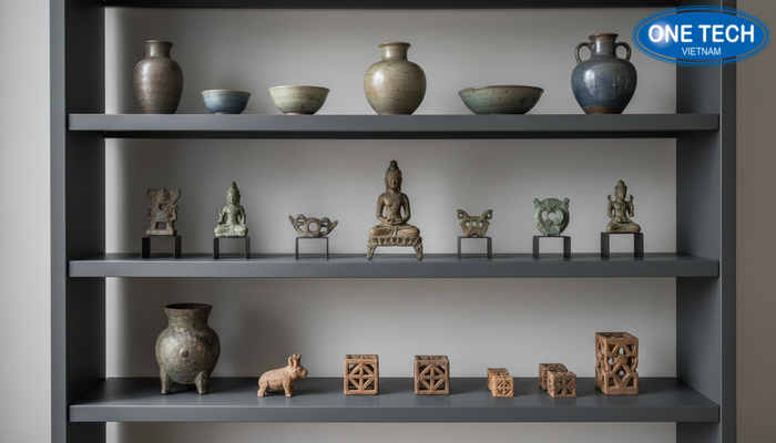 Bố trí kệ trưng bày đồ cổ đẹp mắt Cách sắp xếp đồ cổ theo nhóm, có khoảng trống để tôn hiện vật