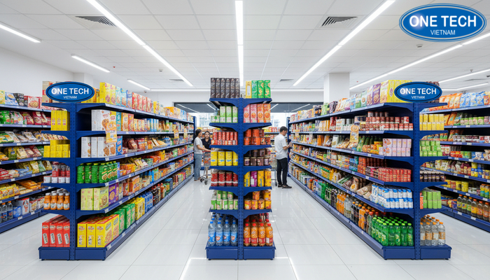 Bố trí kệ trưng bày hàng tạp hóa theo lối đi Bố trí kệ bày hàng tạp hóa tạo lối đi thoáng, dễ mua sắm