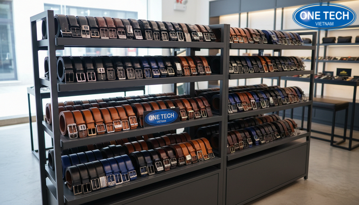 Cách bố trí thắt lưng trên kệ trưng bày Bố trí thắt lưng theo màu và kiểu khóa trên kệ trưng bày giúp khách dễ chọn