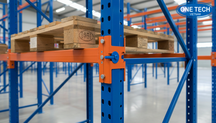 Cận cảnh liên kết khung và dầm ngang của kệ pallet hai tầng sâu