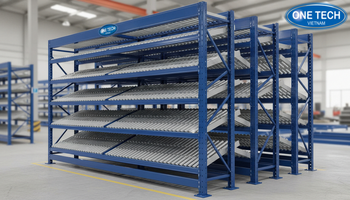 Cấu tạo kệ con lăn Cấu tạo kệ con lăn với khung thép và hệ thống con lăn