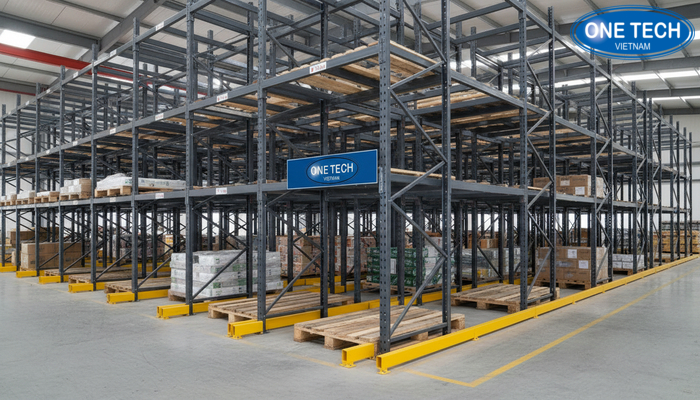 Cấu tạo kệ drive in gồm khung trụ, rail đỡ pallet và ray dẫn hướng xe nâng