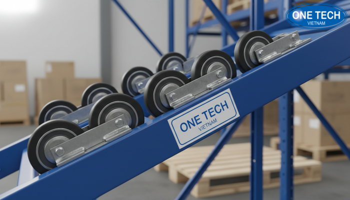 Cận cảnh ray đẩy nghiêng và cụm bánh xe chịu lực của kệ Push Back