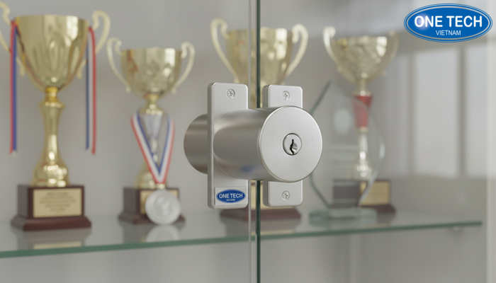 Khóa an toàn tủ trưng bày cúp Chi tiết khóa an toàn trên tủ trưng bày cúp giúp bảo vệ vật phẩm giá trị
