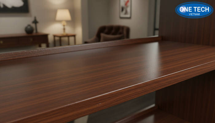 Hoàn thiện bề mặt kệ trưng bày đồ cổ chống ẩm Cận cảnh lớp phủ bề mặt giúp kệ gỗ bền hơn và dễ vệ sinh