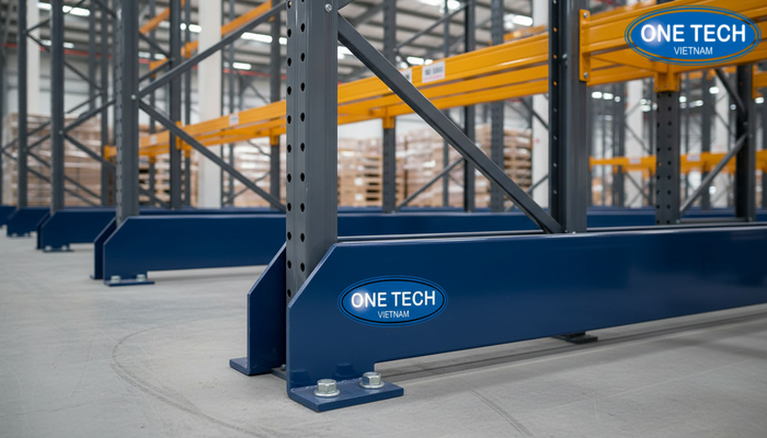 Cận cảnh ray dẫn hướng xe nâng trong kệ drive in giúp vận hành an toàn