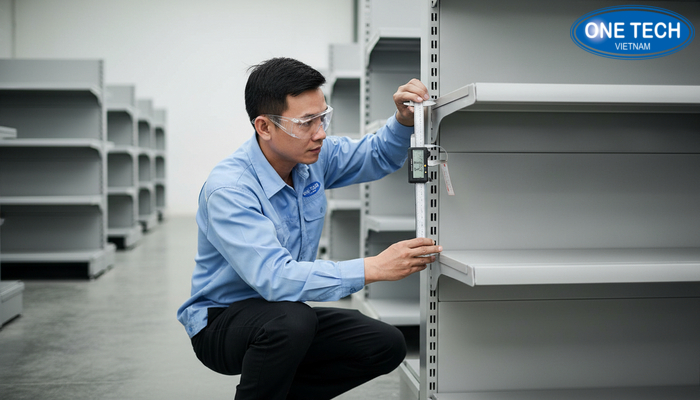 Tiêu chuẩn chất lượng kệ trưng bày Minh họa tiêu chuẩn chất lượng và quy trình kiểm tra trước khi bàn giao kệ