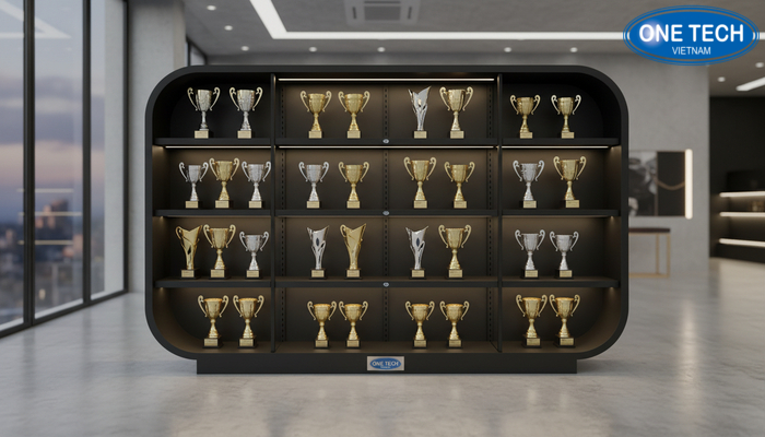 Đèn LED kệ trưng bày cúp Đèn LED tích hợp giúp kệ trưng bày cúp nổi bật hơn trong phòng họp và showroom