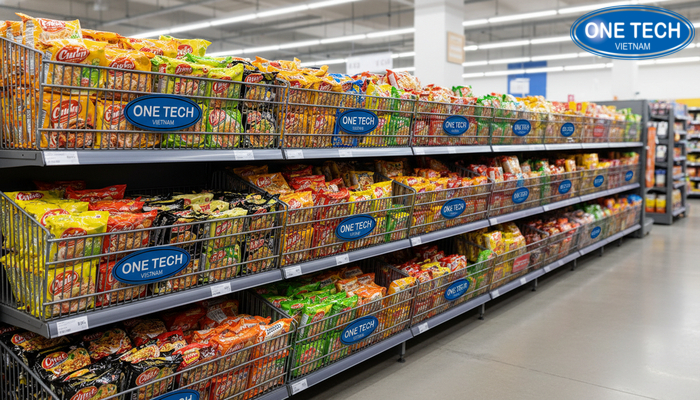 Khu mì gói sử dụng kệ rổ mì giúp trưng bày đầy và gọn