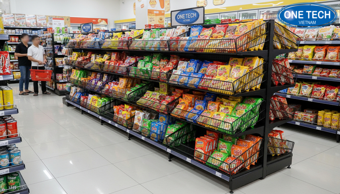 Hình ảnh thực tế kệ rổ mì lắp đặt trong cửa hàng tiện lợi tại An Giang