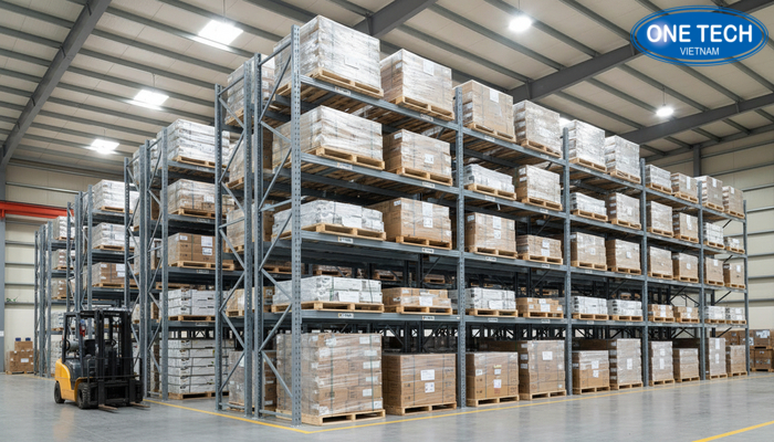 Hệ thống kệ drive in lắp đặt thực tế cho kho hàng pallet