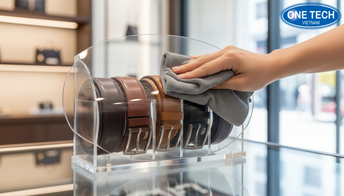 Cách vệ sinh kệ mica trưng bày thắt lưng Minh họa cách vệ sinh kệ mica trưng bày thắt lưng bằng khăn mềm