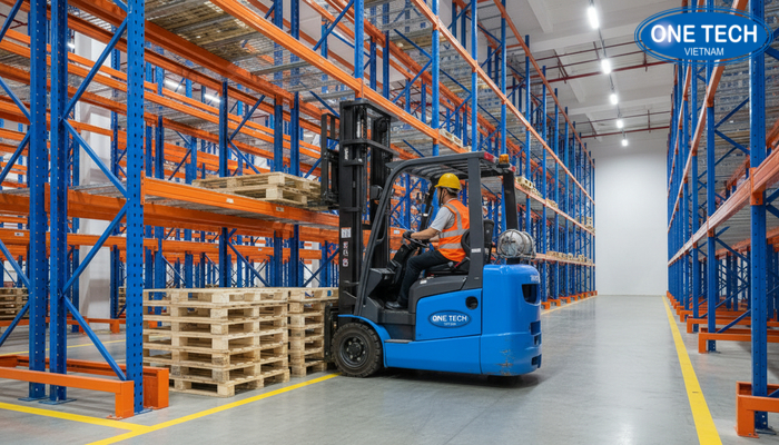 Minh họa thao tác xe nâng đi vào làn kệ drive in đúng kỹ thuật