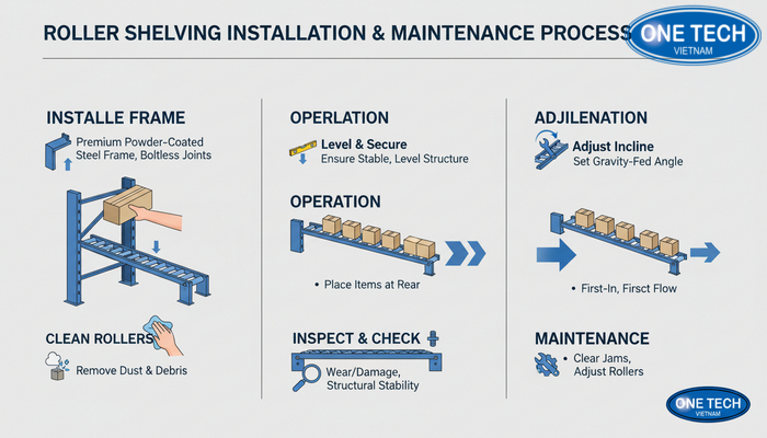 Quy trình lắp đặt và bảo trì kệ con lăn Infographic quy trình lắp đặt vận hành và bảo trì kệ con lăn
