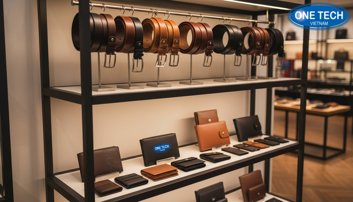 Kệ đa năng thắt lưng và phụ kiện Kệ trưng bày thắt lưng kết hợp trưng bày ví da giúp tăng giá trị giỏ hàng