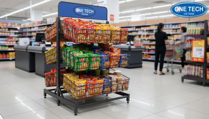Kệ đơn rổ mì đặt gần quầy thu ngân để tăng mua nhanh