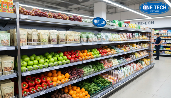 Kệ inox trưng bày trong tạp hóa Kệ inox dùng cho khu vực thực phẩm, dễ vệ sinh và hạn chế oxy hóa