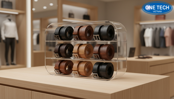 Kệ mica trưng bày thắt lưng trong suốt Kệ mica trưng bày thắt lưng trong suốt đặt trên quầy