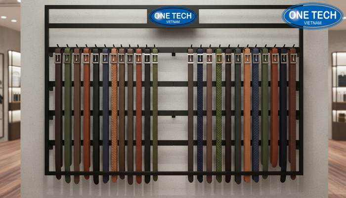 Kệ móc treo áp tường trưng bày thắt lưng Kệ móc treo áp tường giúp tiết kiệm diện tích trưng bày thắt lưng