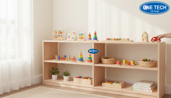 Kệ Montessori cho đồ chơi trí tuệ giúp trẻ tự lựa chọn và rèn thói quen ngăn nắp