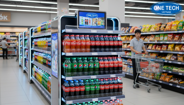 Công nghệ LED trên kệ quảng cáo Pepsi, Coca Kệ quảng cáo tích hợp LED hoặc màn hình kỹ thuật số mini
