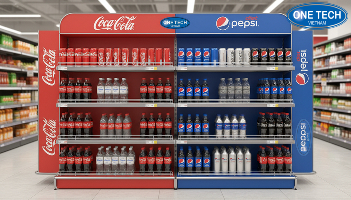 Kệ quảng cáo Pepsi, Coca màu sắc đặc trưng Mẫu kệ quảng cáo Pepsi và Coca với màu sắc nhận diện nổi bật
