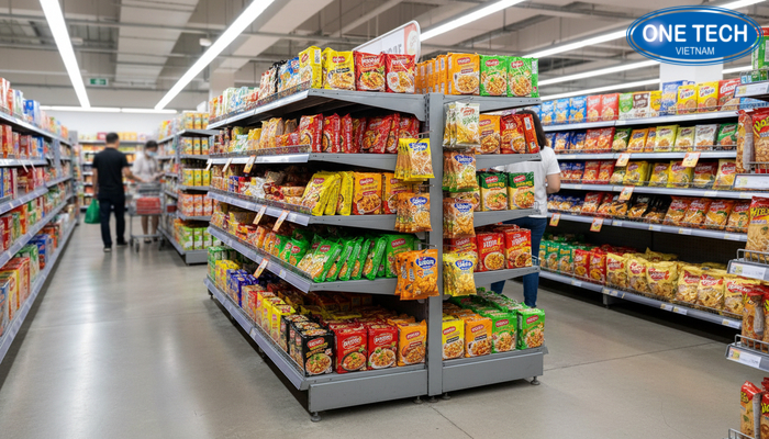 Kệ rổ mì 2 mặt đặt giữa lối đi giúp khách lấy hàng 2 phía