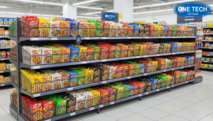 Kệ rổ mì bố trí thành khu mì gói gọn gàng trong siêu thị