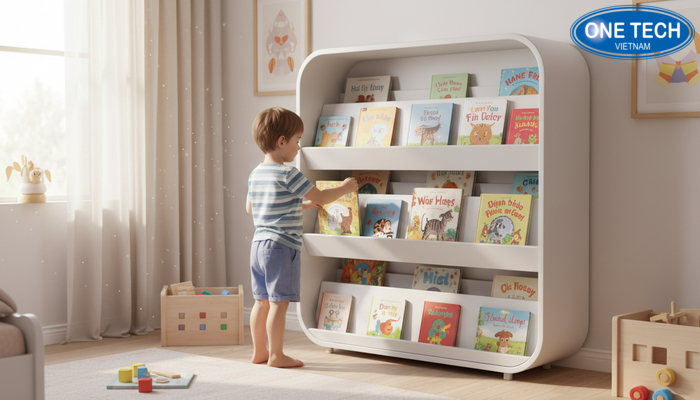 Kệ sách thiếu nhi mặt nghiêng giúp bé dễ thấy bìa sách và tự chọn