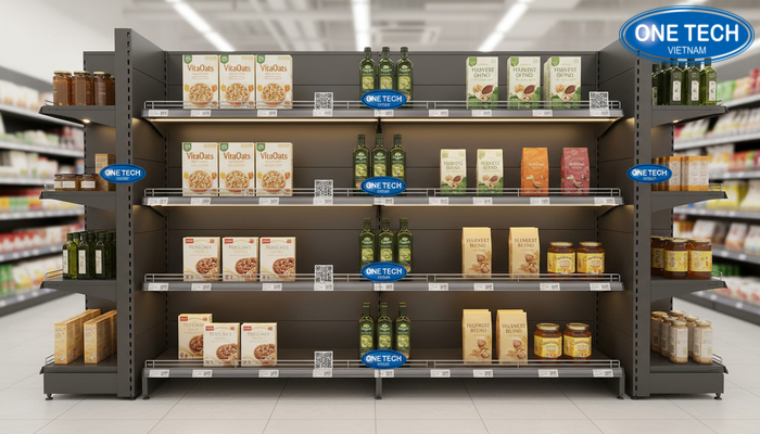 Kệ tích hợp tiện ích trưng bày Kệ trưng bày tích hợp nẹp giá, QR và đèn LED tăng trải nghiệm mua sắm