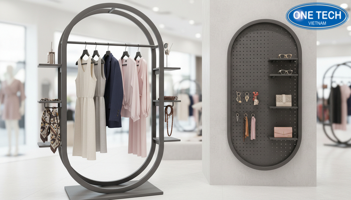 Mẫu kệ kết hợp treo quần áo và móc treo phụ kiện thời trang