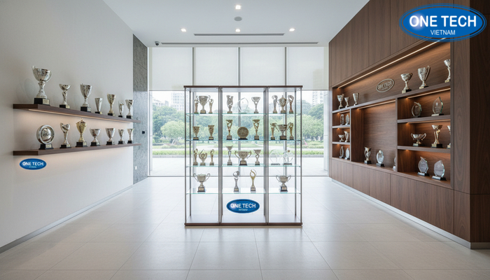 Kệ treo tường tủ đứng tủ âm tường trưng bày cúp Phân biệt kệ treo tường, tủ đứng và tủ âm tường trưng bày cúp