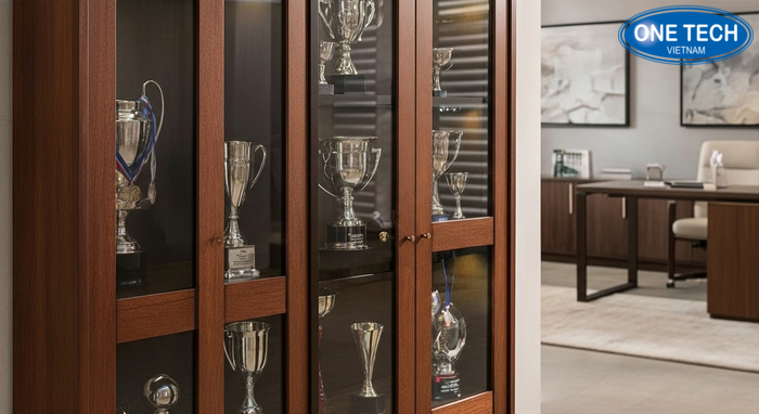 Kệ trưng bày cúp kính gỗ Kệ trưng bày cúp kính khung gỗ cao cấp, trang nhã và bền