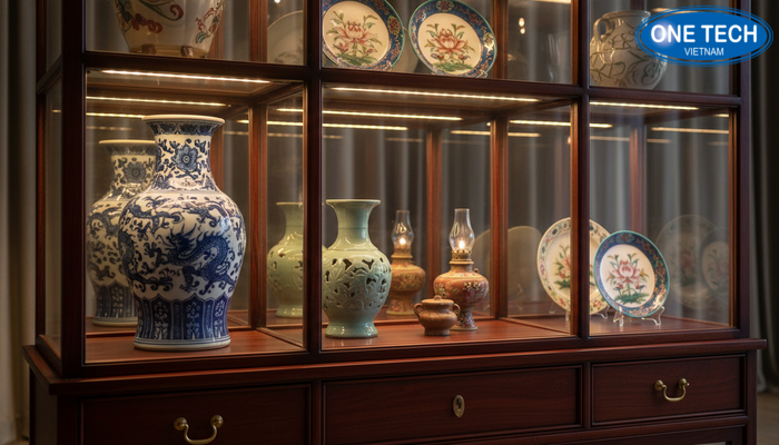 Kệ đèn LED trưng bày đồ cổ Kệ có đèn LED làm nổi chi tiết hoa văn trên đồ cổ và gốm sứ
