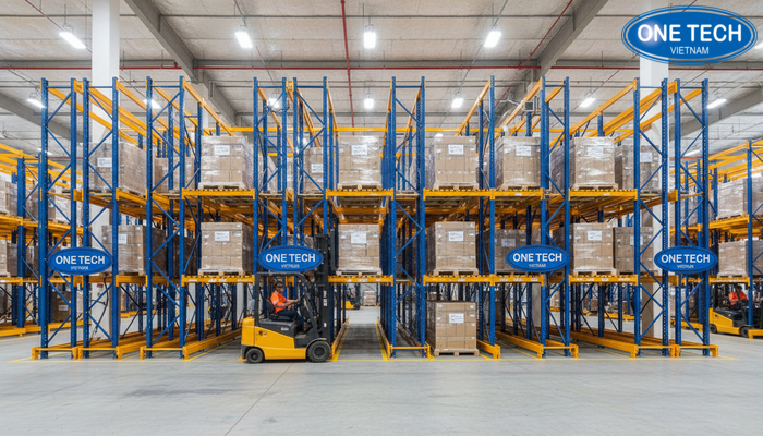 Kho hàng ứng dụng kệ Push Back với nhiều tầng và nhiều làn ray, xe nâng thao tác tại đầu kệ