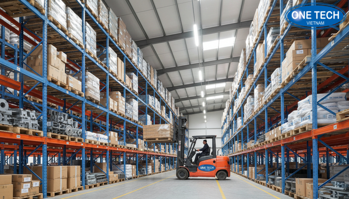 Kho sử dụng kệ double deep với xe nâng reach truck vận hành trong lối đi