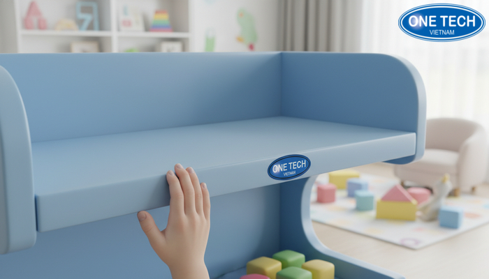 Chi tiết bo góc và bề mặt nhẵn của kệ trưng bày đồ chơi trẻ em giúp giảm rủi ro va chạm