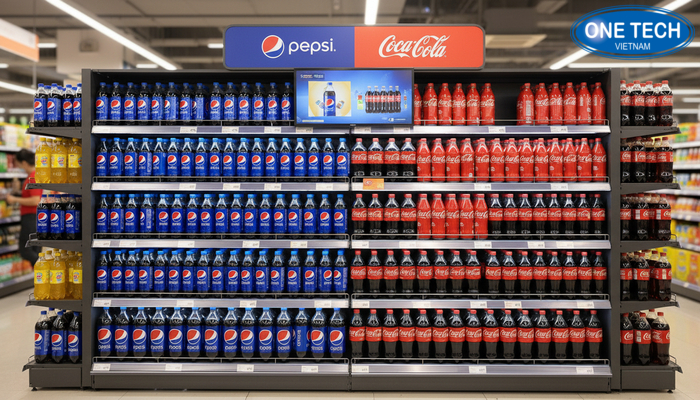 Kệ quảng cáo Pepsi, Coca triển khai tại điểm bán Hình ảnh thực tế kệ quảng cáo Pepsi, Coca tại cửa hàng và siêu thị