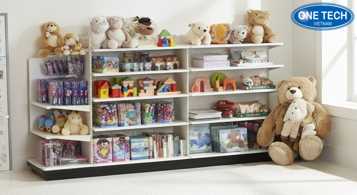 Góc phòng chơi gọn gàng nhờ kệ trưng bày đồ chơi trẻ em thấp, dễ thao tác