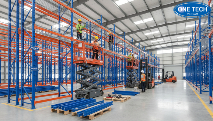 Minh họa quy trình lắp đặt kệ double deep tại kho khách hàng