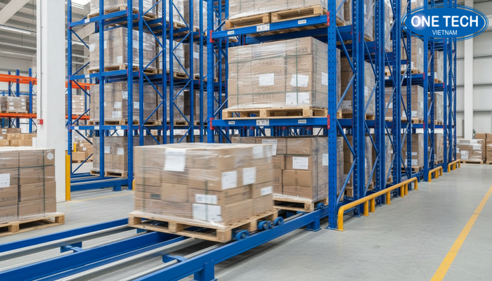 Mô phỏng cơ chế đẩy lùi và tự trượt về phía trước của pallet trên kệ Push Back