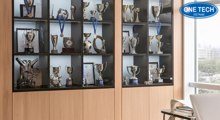 Kệ trưng bày cúp OneTech Sản phẩm kệ trưng bày cúp OneTech thiết kế theo không gian thực tế