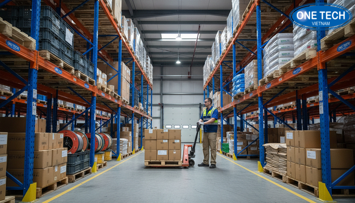 Kệ selective và pallet jack Pallet jack thao tác ở khu vực kệ selective thấp tầng