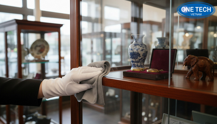 Bảo dưỡng kệ trưng bày đồ cổ gỗ và kính Quy trình lau chùi kệ gỗ và tủ kính bằng khăn mềm, tránh trầy xước