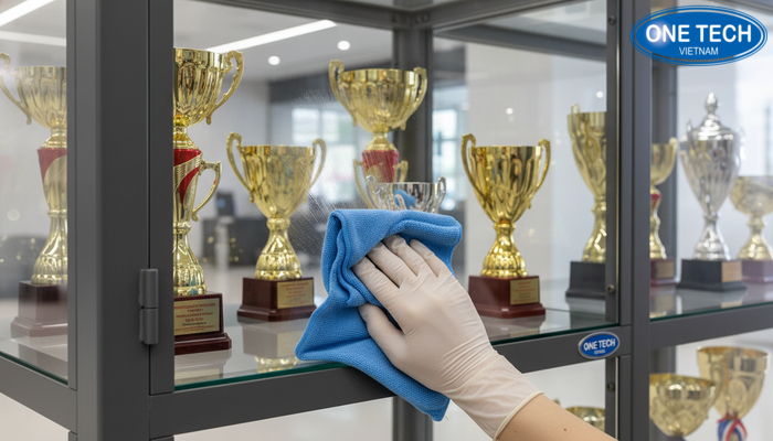 Quy trình lau kính tủ trưng bày Quy trình lau kính tủ trưng bày huy chương đẹp đúng cách để không trầy xước